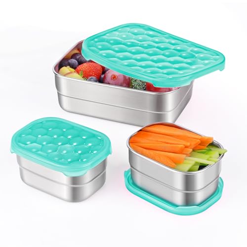 Tanjiae Small Stainless Steel Lunch Containers for Kids | Leak Proof Food Containers with Silicone Lids - Perfect Metal Food Containers with Lids for Kids School and Toddler Daycare (25oz+8oz*2) - color: 3-Pack Green Lunch Containers for Kids, size: 25 oz
