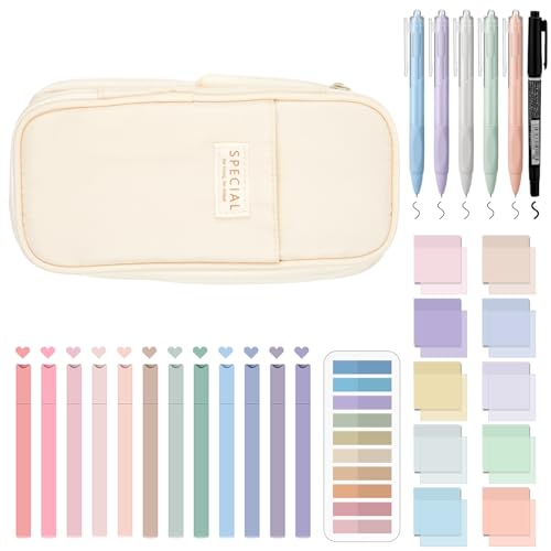 Jutom 39 Pcs Aesthetic Book Annotation Kit Highlighter with Case Bag Gel Pen Transparent Sticky Note Taking Bible Supplies(Cream,Cute Style) - color: Cream, style: Cute Style