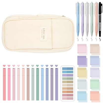 Jutom 39 Pcs Aesthetic Book Annotation Kit Highlighter with Case Bag Gel Pen Transparent Sticky Note Taking Bible Supplies(Cream,Cute Style) - color: Cream, style: Cute Style