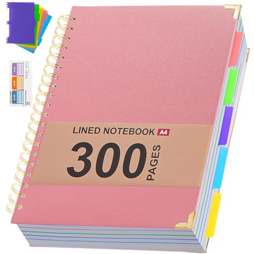 Hardcover Leather Spiral Notebook 8.5" x 11" with Removable Dividers, 300 Pages 5 Subject College Ruled Notebook for Work with Tabs, A4 Spiral Journal for Women Men, School Students Note Taking, Pink - color: 5 Subject Pink