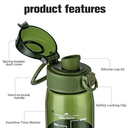 GOPPUS 20oz Kids Water Bottle with Time Marker & Handle, Tritan BPA-Free, Reusable Leakproof Anti-Dust Everyday, Clear Kids Water Bottles For School,Car Travel, Gifts Boys Girls(Olive Green) - color: Olive Green