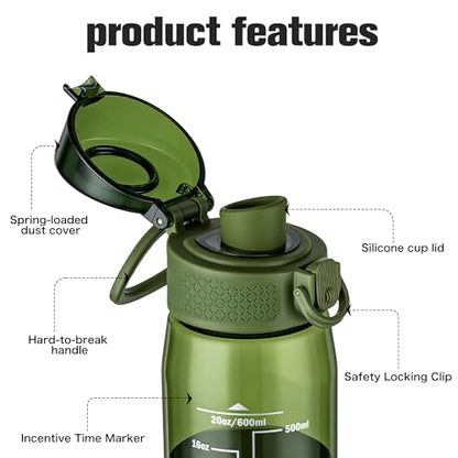 GOPPUS 20oz Kids Water Bottle with Time Marker & Handle, Tritan BPA-Free, Reusable Leakproof Anti-Dust Everyday, Clear Kids Water Bottles For School,Car Travel, Gifts Boys Girls(Olive Green) - color: Olive Green