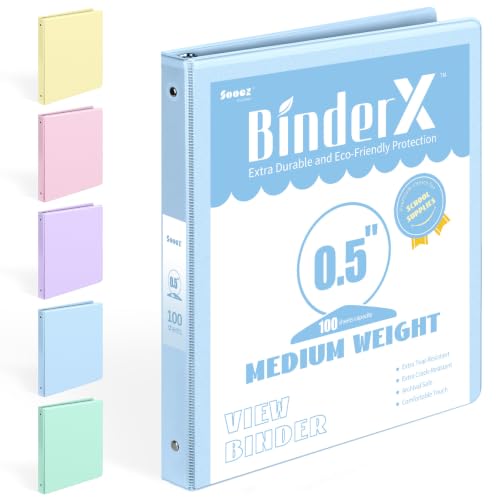 BinderX Extra Durable 3 Ring Binder, Round Rings 0.5 Inch Binder, Fits 100 Sheets of 8.5x11 Paper, Customizable View Cover with Inside Pockets, Cute 0.5" Binders, 1/2 Inch 1 Pack, Light Blue - color: Light Blue, size: 0.5 inch