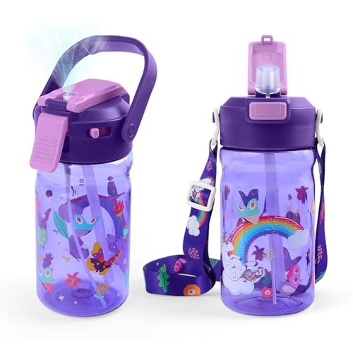 20oz Kids Water Bottle With Straw for School or Travel, Unicorn | Leak-Proof Misting Bottle, Secure Lock, Pop-Up Spout, Handle & Detachable Strap, Personalized Bottle for Girls Sports Use - color: Purple Unicorn