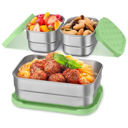 Homikit 3 Pack Kids Lunch Box Set, 18/10 Stainless Steel Bento Boxes with Silicone Lids Leak Proof, 5 Cups Reusable Metal Food Snack Containers for School Daycare, Nontoxic & Dishwasher Safe, Green - color: Green, size: Medium