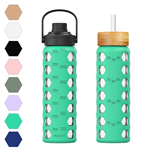 MUKOKO 24oz Glass Water Bottle, Green | Glass Tumbler with Straw, Drinking Bottles with 2 Lids-Handle Spout Lid & Bamboo Straw Lid, Silicone Sleeve, 1 Pack - color: Green, size: 24 Ounces
