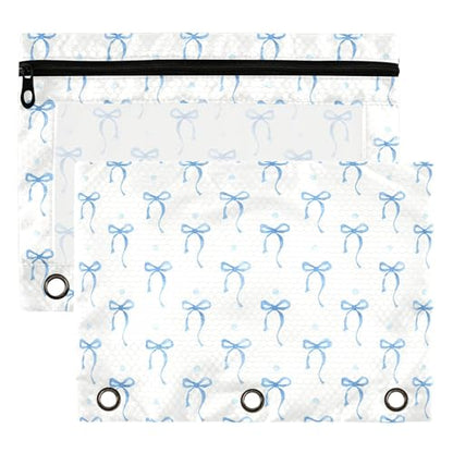 Wamika Blue Ribbon Bowknot Binder Pouches 3 Ring for Boys Girls School Office College Supplies Bow Tie Doodle Pattern White Pencil Pouches Case Bag with Clear Window and Zipper 2 pack