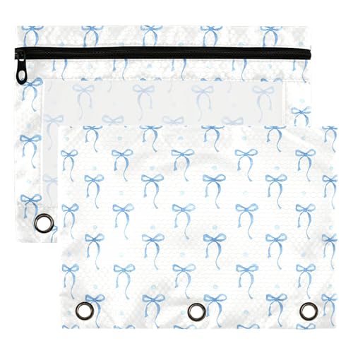 Wamika Blue Ribbon Bowknot Binder Pouches 3 Ring for Boys Girls School Office College Supplies Bow Tie Doodle Pattern White Pencil Pouches Case Bag with Clear Window and Zipper 2 pack