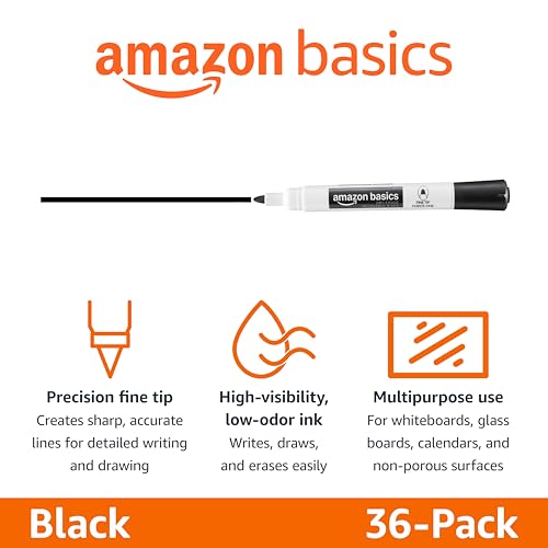 Amazon Basics Low-Odor Dry Erase Whiteboard Markers, Fine Tip, Quick-Dry, Black, 36-Pack - size: 1 Count (Pack of 36)