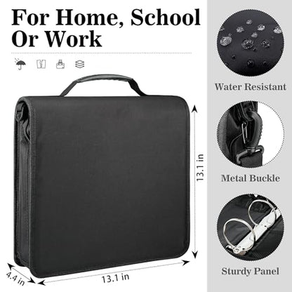 Zzrywuty Zipper Binder, 3 Inch 3-Ring Binder with Zipper, Expanding Folders and Shoulder Straps & Handles, 3" O-Rings with Multiple Pockets（for 13" MacBook and Tablet） for Middle School- Black