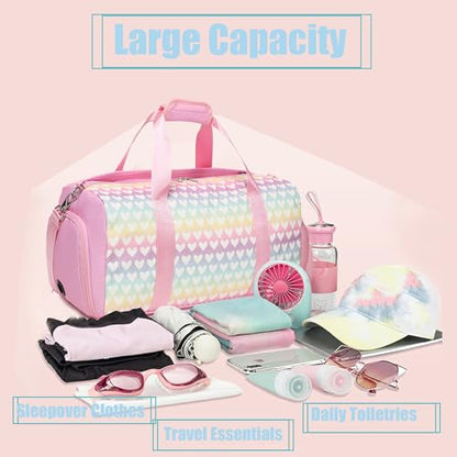 Jumpopack Glitter Dance Bag for Girls Duffle Bags Girls Overnight Bags Sleepover Gym Gymnastics Bag with Shoe Compartment and Wet Pocket,Heart Pattern - color: Pink Heart