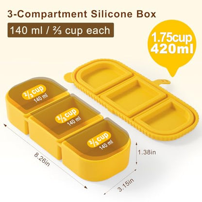 2 Pack Silicone Snack Containers, 3-Compartment Snackle Box with Leak Proof Lids, Reusable Small Divided Food Storage for Kids Lunch, School Travel Adults - color: 3-Compartment (2-Pack)-Blue,Yellow