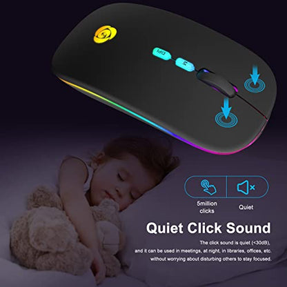 CC Store LED Wireless Bluetooth Mouse &2.4GHz Instant Connection,Rechargeable Ultra Silent Slim,3 Adjustable DPI 2 Connection Modes with USB-C to USB Adapter for Laptop/MacBook/PC/Tablet/iPad (Black) | Bluetooth mouse with 2.4GHz USB receiver, silent slim