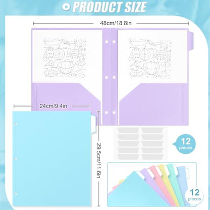 12 Pack Pastel Plastic Pocket Folders with 3 Hole & Tabs, 2 Pocket File Folders for Letter Size Paper, Heavy Duty for School & Office Organization - style: 3 Hole Punched Style