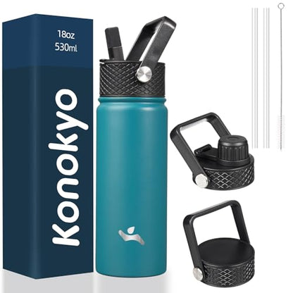 Konokyo 18 oz Insulated Stainless Steel Water Bottle with Straw Lid - color: Light Blue, size: 18 Ounces