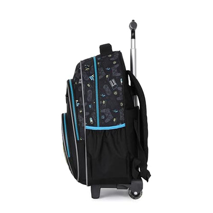 Kids Rolling Backpack for Boys, 5 PCS Cartoon Wheeled Backpack Set with Lunch Bag & Pencil Case, Durable Backpack with Wheels for School, Travel & Daily Use (Blue) - color: Game Black