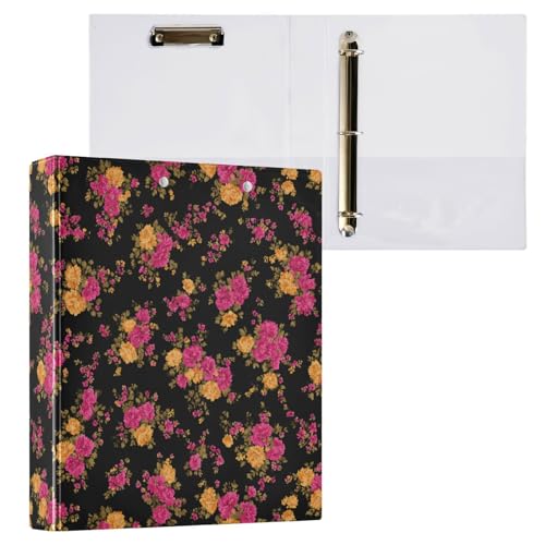 Black Yellow Pink Country Floral Rose Binder 3 Ring 1.5 Inch Binder with Clipboard&Pockets, Hardcover Binders Heavy Duty Large File Folder for Office School Supplies - Holds 200 Sheets - color: French Country Flowers, size: 1 Pack-12.4x10.63in