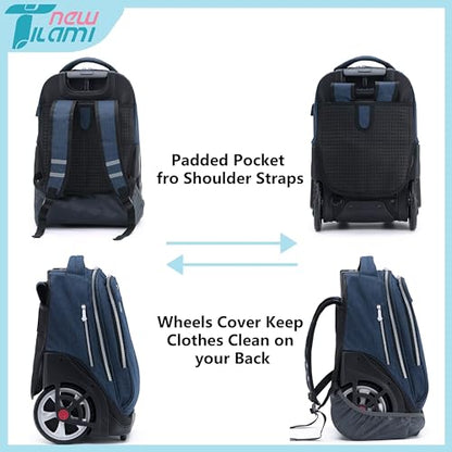 NEW TILAMI 19 inch Rolling Backpack Teens Rolling Backpack Cute Wheeled Laptop Backpack Bookbag Roller Travel Bag College, Navy Blue - color: Navy Blue