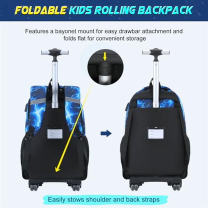 Scothen 3PCS Rolling Backpack for Boys, Cool Gamer Roller Backpack with Wheels, Kids Boy Wheeled Backpacks with Lunch Bag Pencil Case for Teens Bookbag Kindergarten Elementary Middle School - color: Blue Lighting