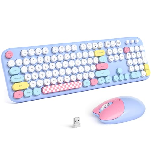 Retro Wireless Keyboard and Mouse Combo, SQMD Full-Size Office Typewriter Keyboard with Round Colorful Keycaps, 2.4G Cute Quiet Mouse for Windows PC, Home, Office, and College - Blue - color: Light Blue Mix