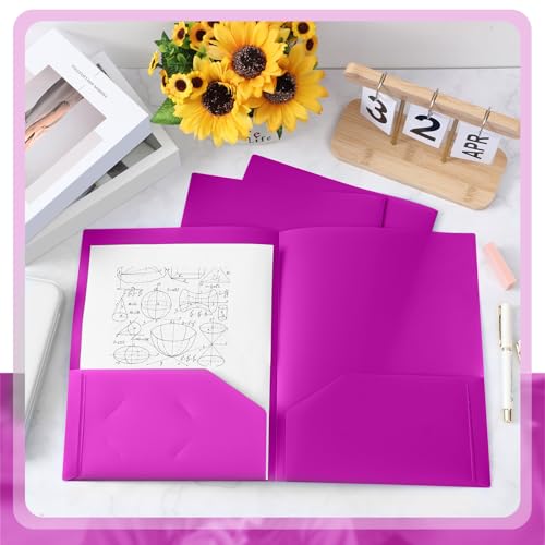 Gueevin 100 Pack Plastic Folder with Pockets, 2 Pocket Folders, Plastic Glossy Folders Fit Letter Size Paper, Heavy Duty Durable File Folder with Business Card for Home Office School (Neon Purple) - color: Neon Purple