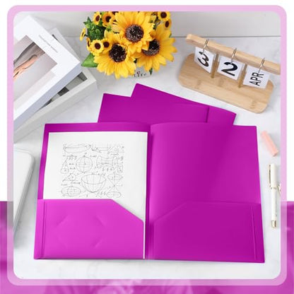 Gueevin 100 Pack Plastic Folder with Pockets, 2 Pocket Folders, Plastic Glossy Folders Fit Letter Size Paper, Heavy Duty Durable File Folder with Business Card for Home Office School (Neon Purple) - color: Neon Purple