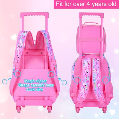 HPJGD 3PCS Owl Rolling Backpack for Girls, Kids School Backpacks with Wheels, Water Resistant UV Printed Roller Wheeled Bookbag Set - color: Glittering UV Priting Owl Pink Rolling Backpack