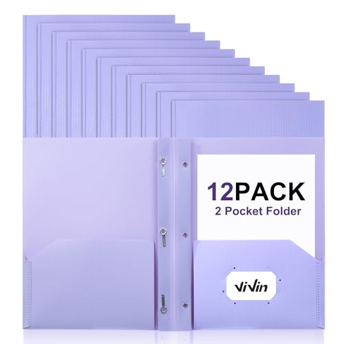 ViVin Sturdy Plastic Folder with Pockets,12 Pack,Heavy Duty Two Pocket 3 Prong Folders,Holds Letter Size Paper,File Folders with Business Card Slot for School Home and Office(Light Purple) - color: Light Purple, size: 12 PACK