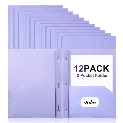 ViVin Sturdy Plastic Folder with Pockets,12 Pack,Heavy Duty Two Pocket 3 Prong Folders,Holds Letter Size Paper,File Folders with Business Card Slot for School Home and Office(Light Purple) - color: Light Purple, size: 12 PACK