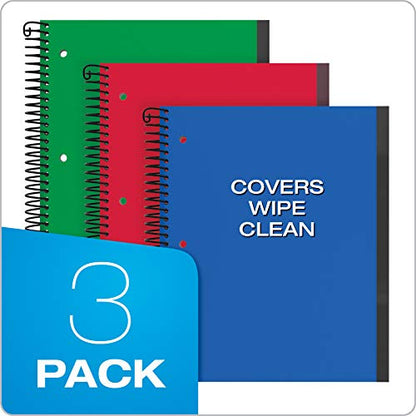 Oxford Spiral Notebook, 3 Subject, College Rule, Durable Plastic Covers, Strong Coil, 3 Durable Pockets, 8.5 x 11, 150 Sheets, Blue, Red, Green (89803)(Pack of 24) - size: Pack of 24