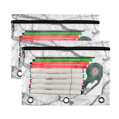Kcldeci Pencil Pouch for 3 Ring Binder, White Gray Marble Stone 2 Pack Binder Pencil Pouch with Clear Window Pencil Bags with Zipper Pencil Case for Binder - color: A03