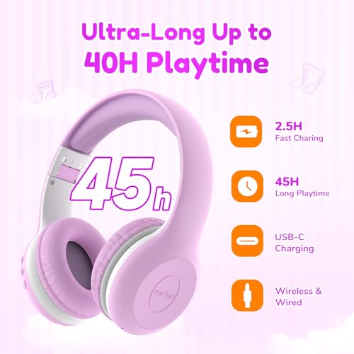 EarFun K2 Kids Bluetooth Headphones, Kids Headphones with Volume Limited, 40H Playtime, Built-in Mic, Stereo Sound, Foldable Over-Ear Headphone for School/Travel/iPad/Tablet, Violet - color: Violet