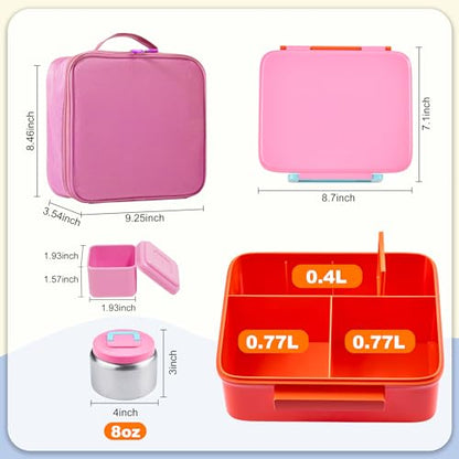 Bento Lunch Box for Kids with Thermo, Leakproof Bento Box with 8oz Insulated Food Jar, Lunch Bag, BPA Free Dishwasher Safe 4 Compartment Container for School Girls Boys (Pink) - color: Pink1