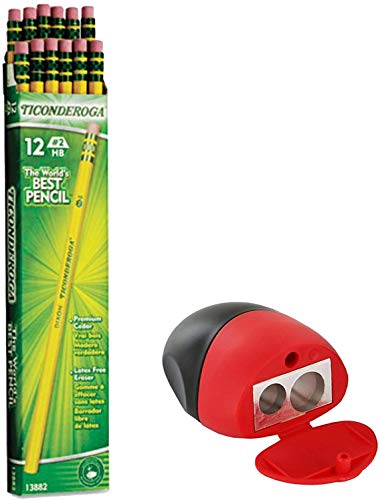 Dixon Wood-Cased Pencils, 2 HB, Yellow, Box of 12, Including Free Bonus Double Hole Pencils Sharpener (Red N Black Edition)