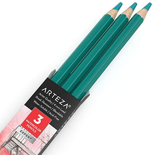 Arteza Professional Watercolor Pencils, Pack of 3, A605 Shamrock Green, Water-Soluble Pencils for Coloring, Blending, Layering & Watercolor Techniques - color: A605 Shamrock Green, size: 1 Count (Pack of 3)