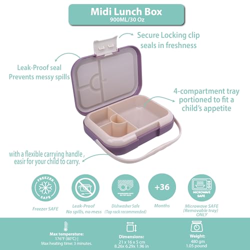 Bento Midi Lunch Box with carrying handle – 4 No-Mix Compartments | Microwave & Dishwasher Safe,Removable Tray | 900ML OZ (Purple Dark Powder) - color: Purple Dark Powder