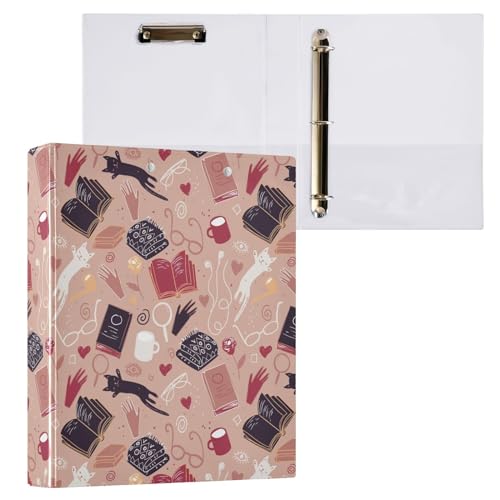 Hand Drawn Cute Cat Books Glasses Heart Flower 3 Ring Binder 1.5" Decorative D-Ring Binder with Clipboard&3 Clear Pockets, Holds 200 Sheets A4 Size Paper Waterproof Binders for School Home Office - color: Cat Books Glasses, size: ‎12.4x10.63x2.36 Inch-1 P
