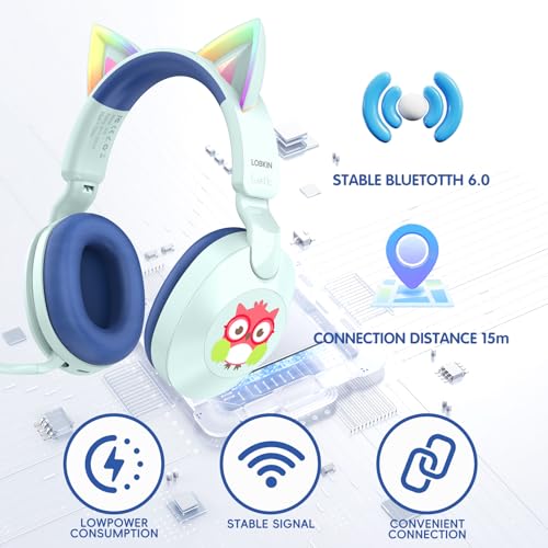 LOBKIN Kids Headphones with Microphone Bluetooth 6.0, Toddler Headphones LED Ligh Rotatable Foldable Sensitive Mic Adjustable 85/94dB Volume Limit Real-time Audio Feedback for Boys Girls Online School