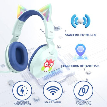 LOBKIN Kids Headphones with Microphone Bluetooth 6.0, Toddler Headphones LED Ligh Rotatable Foldable Sensitive Mic Adjustable 85/94dB Volume Limit Real-time Audio Feedback for Boys Girls Online School