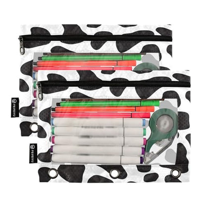 SUABO Black and White Cow Print Pencil Pouch for 3 Ring Binder, 2 PCS Binder Pencil Pouch with Zipper, Clear Window Zipper Pencil Case Pencil Bags for School Office Supplies - color: Cow