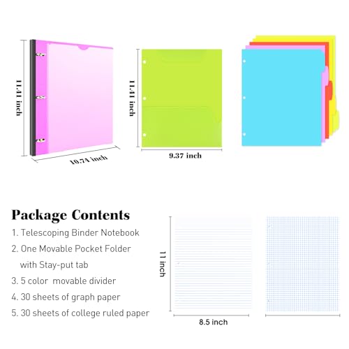 INFUN All-in-one Telescoping Binder Notebook, Refillable 3 Ring Notebook Binder with 1 Plastic Movable Pocket Folder,5 Plastic Subject dividers and Graph Paper and College Ruled Paper- Pink - color: Pink, size: 1 PCS