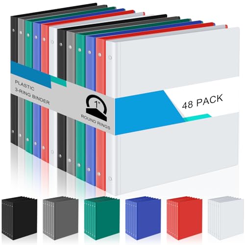 Fulmoon 48 Pack 3 Ring Plastic Binders 1 Inch Bulk with 2 Pockets, Flexible Binder Loose Leaf Hardcover, Fit 12" x 10" US Letter Size Paper, for School Office Home, 6 Colors(Classic) - color: Classic, size: 1 Inch