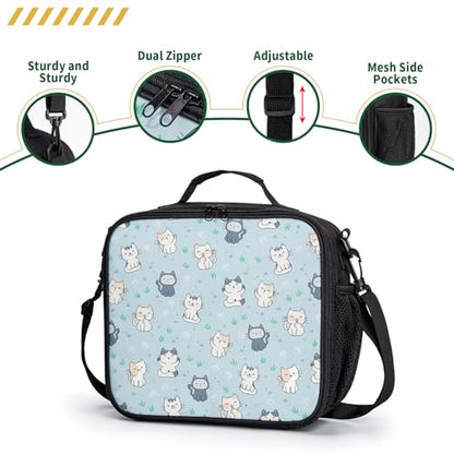 Cute Blue Cat Kids Lunch Box for Boys Girls Kawaii Kitten Insulated Lunch Bag Reusable Thermal Lunchbox Leakproof Cooler Tote Bag for School Office Picnic Travel - color: Blue Cat