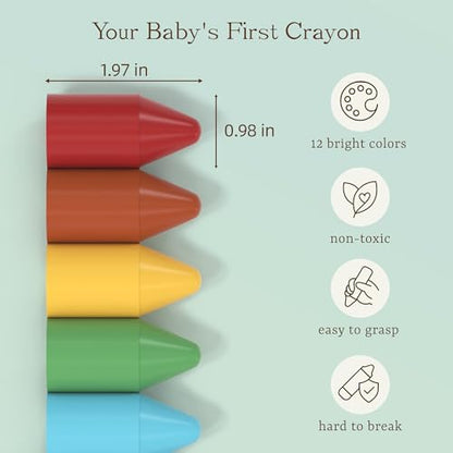 Soy & Beeswax Crayons for Toddlers, 12 Colors Non-Toxic Natural Crayons, Chunky Easy-Grip Design for Little Hands, Unbreakable Baby Art Supplies