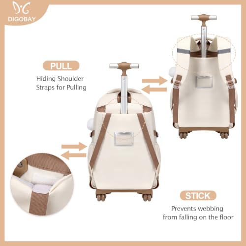 DIGOBAY Rolling Backpack for Girls, Girls Roller Backpack with Lunch Bag and Pencil Case, School Bookbag with Wheels for Elementary Middle High School Travel, Khaki - color: Khaki