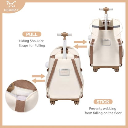 DIGOBAY Rolling Backpack for Girls, Girls Roller Backpack with Lunch Bag and Pencil Case, School Bookbag with Wheels for Elementary Middle High School Travel, Khaki - color: Khaki