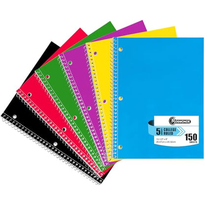 Rosmonde 5 Subject Notebook College Ruled, 6 Value Pack, 300 Pages (150 Sheets), 8 x 10-1/2", 5 Subject College Ruled Spiral Notebooks for School & Office, Thick Paper Fights Ink Bleed, 3 Hole Punched - size: 6 Pack, style: 5 Subject - Soft Cover