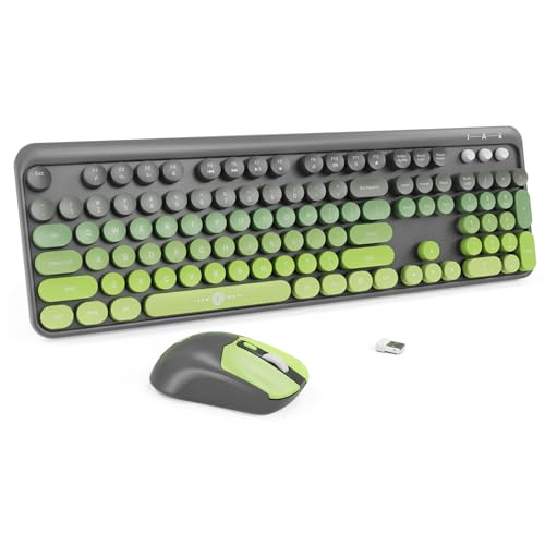 Wireless Keyboard and Mouse Combo - Cute Colorful Keyboard and Mouse, Retro Typewriter Keyboard with 2.4GHz Plug & Play, for Windows 11/10/7, Laptop, PC (Green) - color: Green