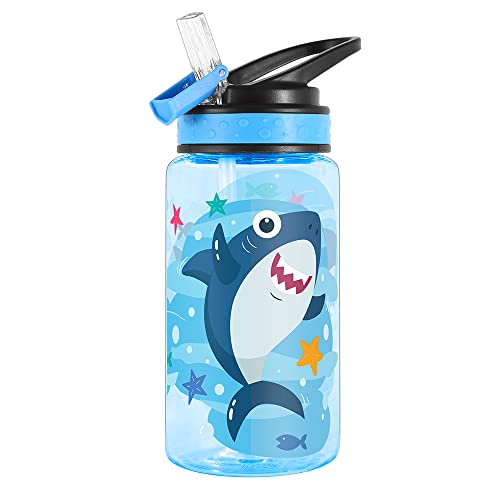 15oz Water Bottle for Kids Girls Boys School, BPA Free, Leak Proof Flip Straw, Carry Loop, Easy Clean - Shark - color: Shark