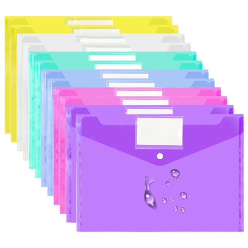 VANRA 12 Pack Plastic Envelopes Clear Document Folders with Snap Button | Poly File Envelope with Label Pocket for Office School A4 Letter Size Paper Storage, 6 Colors